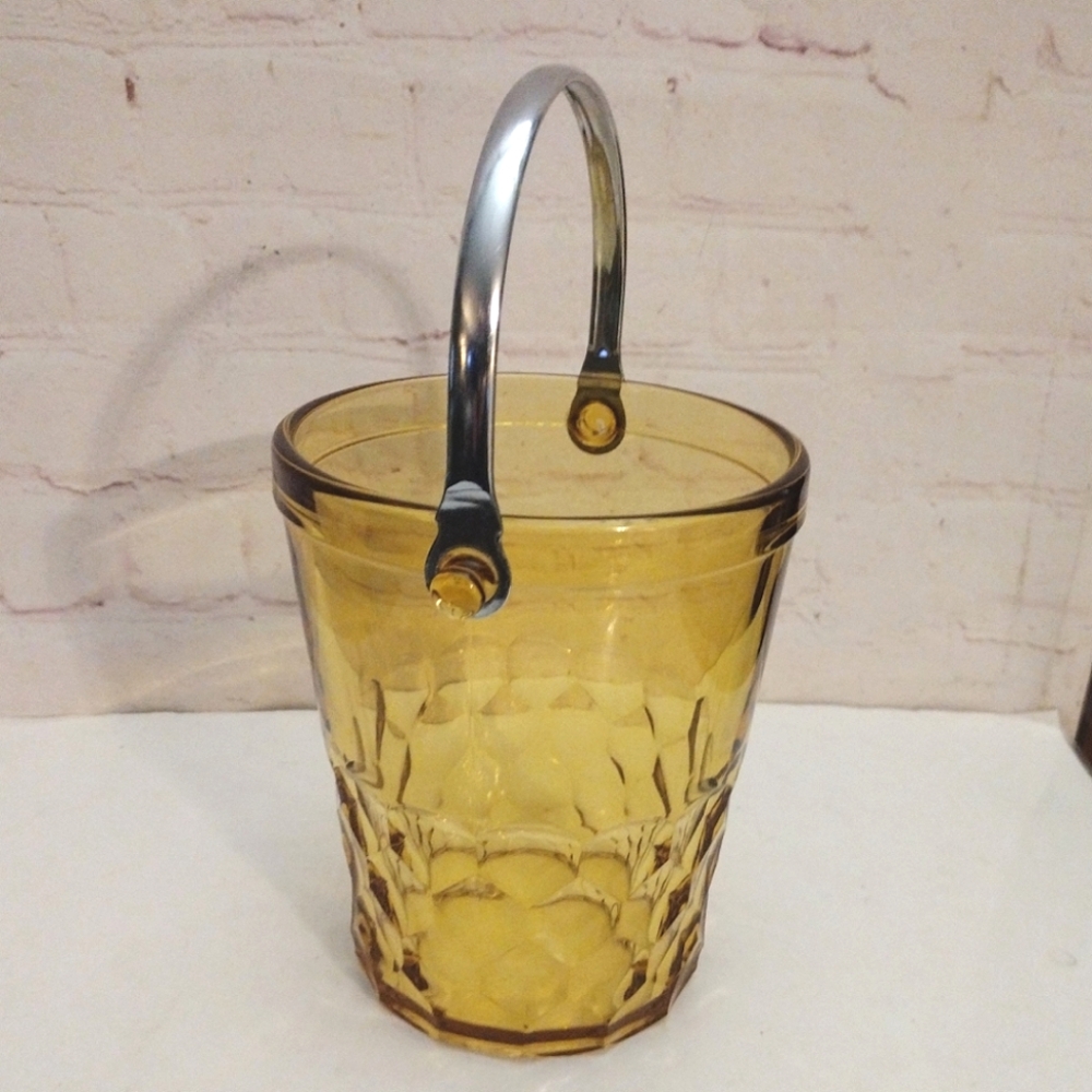 Vintage MCM Amber Glass Ice Bucket With Chrome Handle